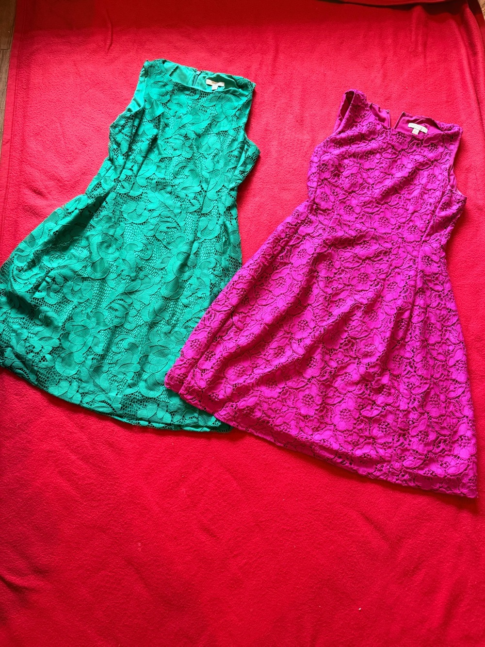 eva mendes for New York & Company Green and Fuchsia Lace Fit-and-Flare Dresses